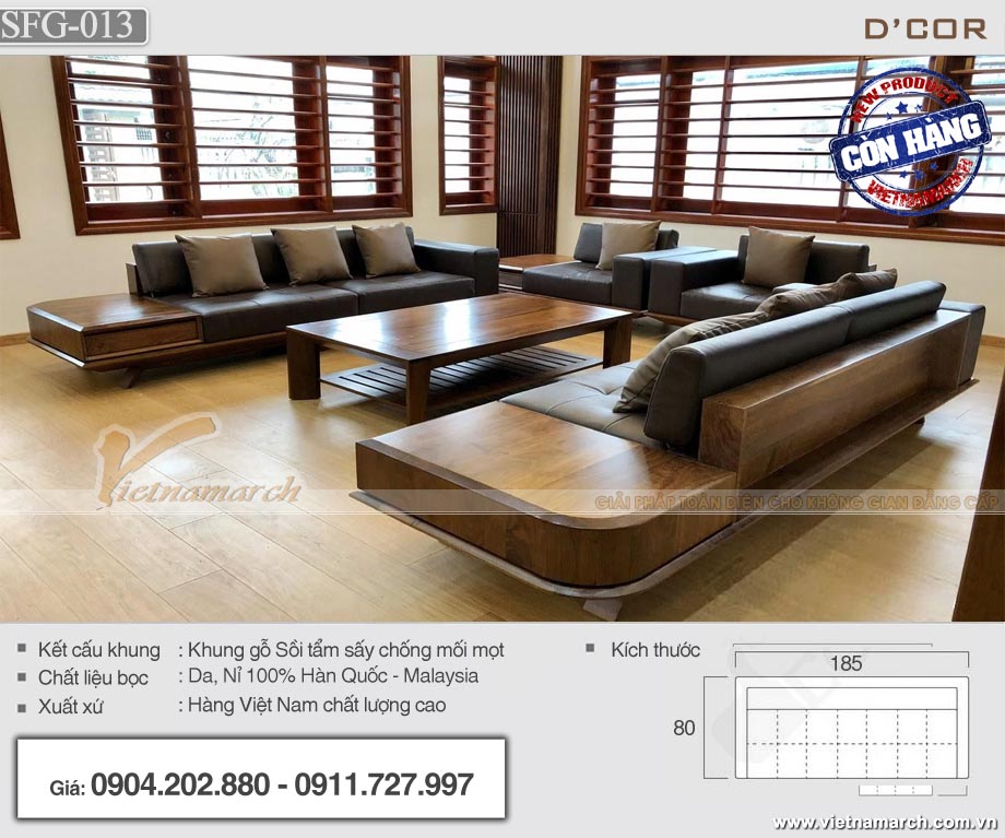 Bộ sofa gỗ sồi màu óc chó chữ U cho phòng khách rộng 20m2 - SFG-13