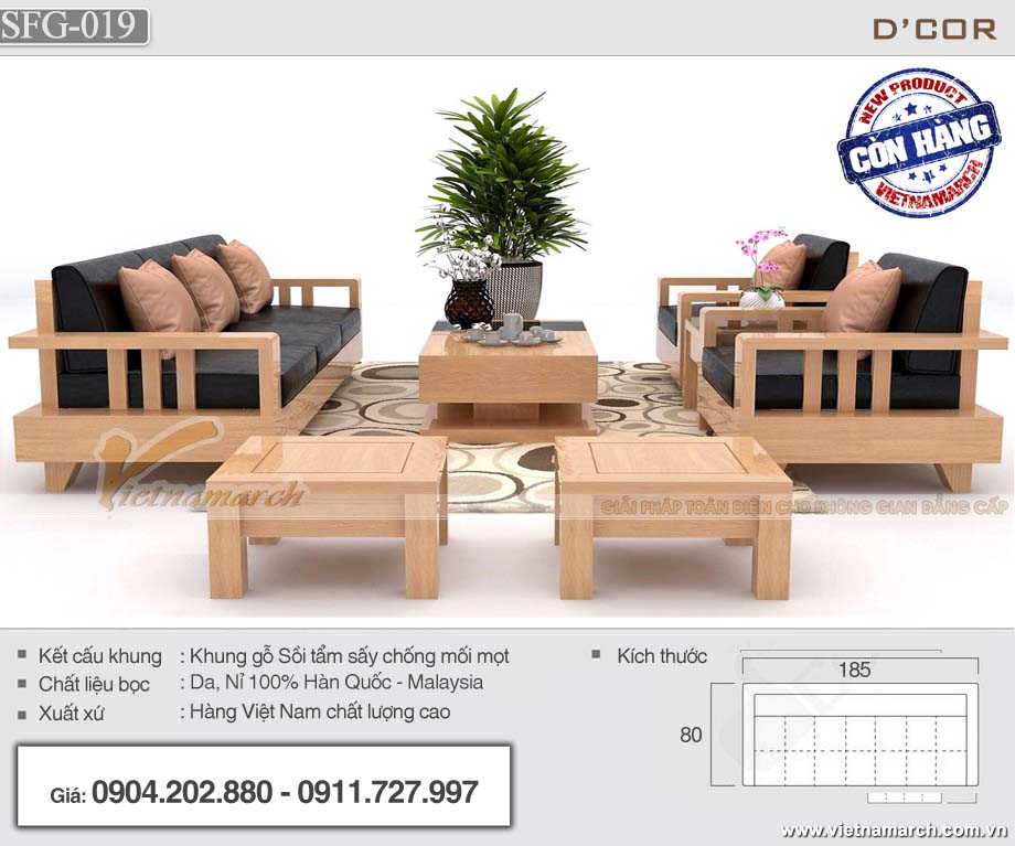 Bộ sofa gỗ sồi 7 món tay trơn đơn giản cho phòng khách - SFG19