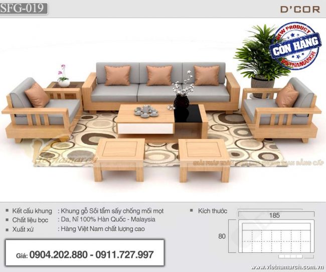 Bộ sofa gỗ sồi 7 món tay trơn đơn giản cho phòng khách – SFG19
