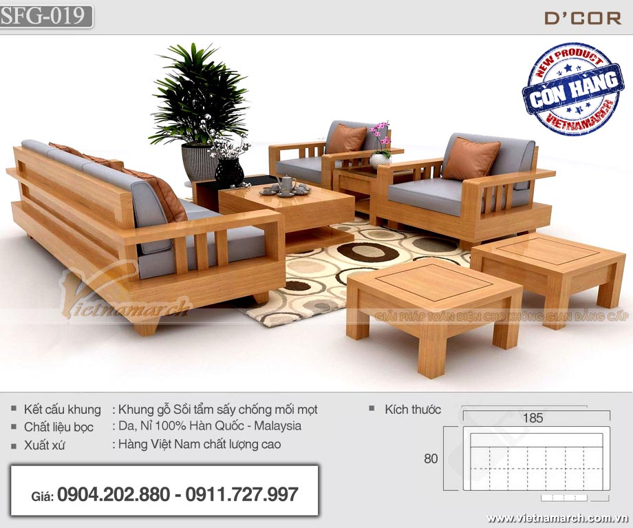 Bộ sofa gỗ sồi 7 món tay trơn đơn giản cho phòng khách - SFG19