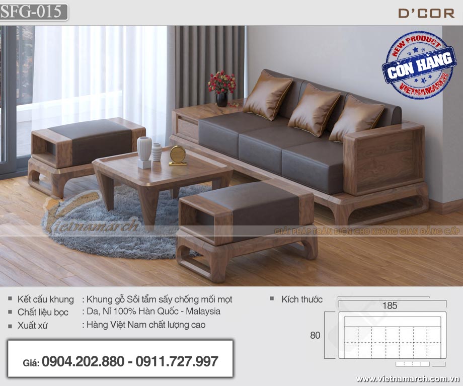 Mẫu sofa gỗ sồi 4 món kích thước phủ bì 2m3 cho phòng khách chung cư - SFG15