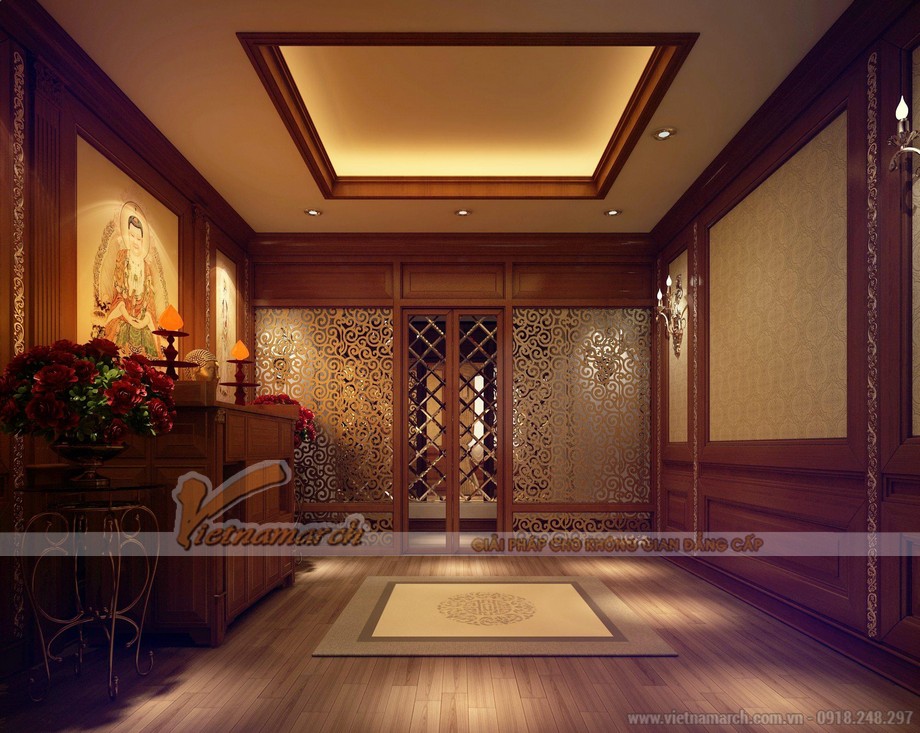 Nguyên tắc thiết kế nội thất phòng thờ > Thiết kế phòng thờ với ánh sáng vàng ấm áp, dịu nhẹ
