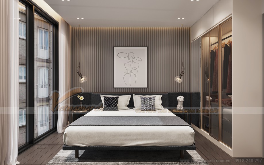 Thiết kế nội thất chung cư King Palace 96m2 – 2 phòng ngủ đẹp hiện đại > Thiết kế nội thất phòng ngủ căn hộ King Palace Nguyễn Trãi