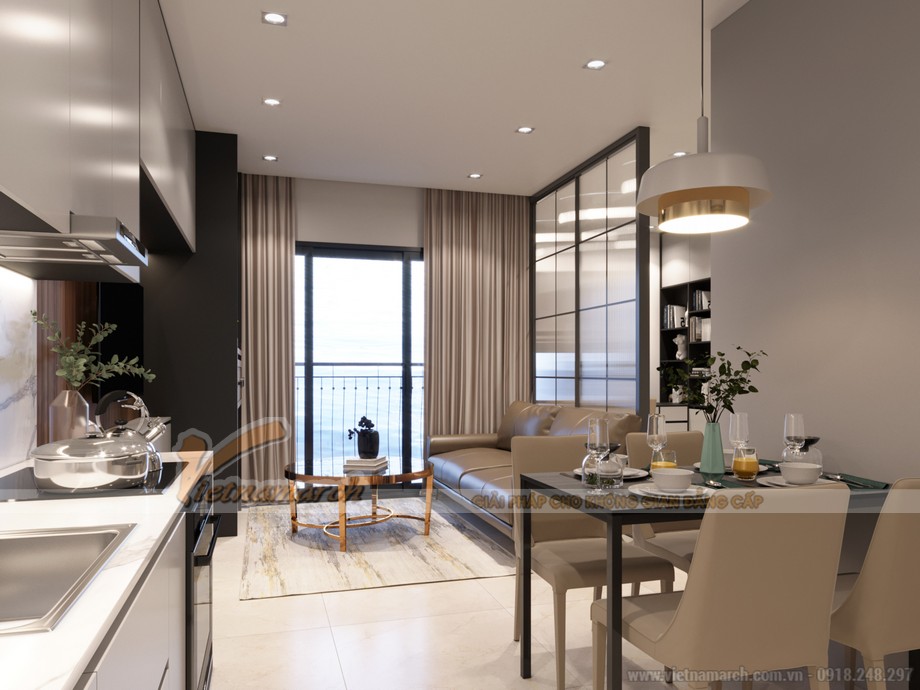 Thiết kế nội thất chung cư 2 pn Vinhomes Ocean Park đẹp ấn tượng từ cái nhìn đầu tiên > Thiết kế nội thất phòng khách và bếp liên thông