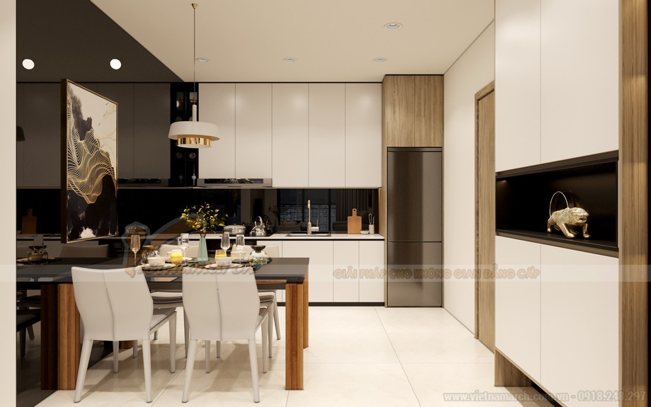 Mẫu thiết kế nội thất căn hộ 74m2 hiện đại, nhã nhặn > Thiết kế nội thất bếp và phòng ăn chung cư Vinhomes Ocean Park