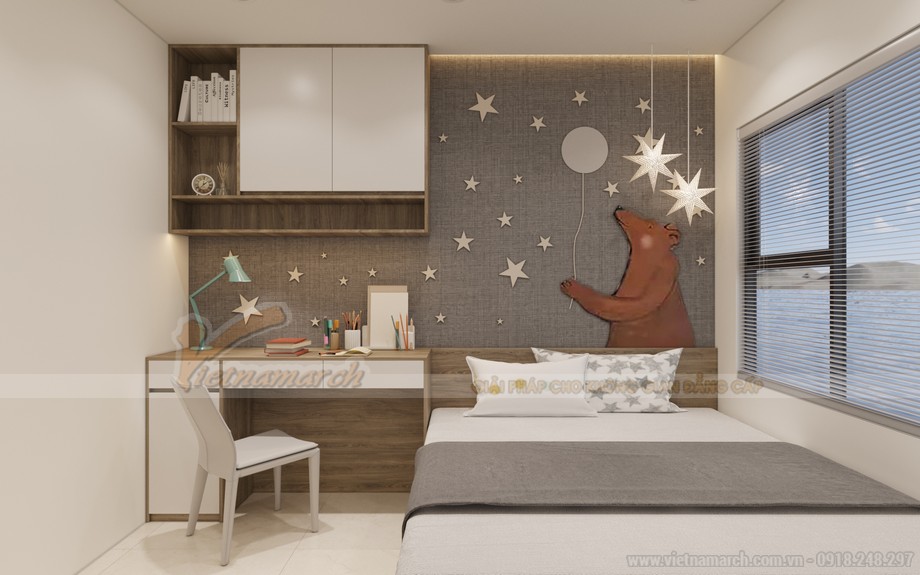 Mẫu thiết kế nội thất căn hộ 74m2 hiện đại, nhã nhặn > Thiết kế phòng ngủ đầy đủ tiện nghi