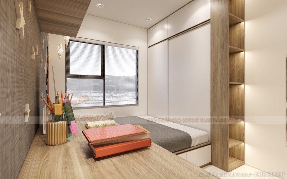 Mẫu thiết kế nội thất căn hộ 74m2 hiện đại, nhã nhặn > Thiết kế phòng ngủ đầy đủ tiện nghi