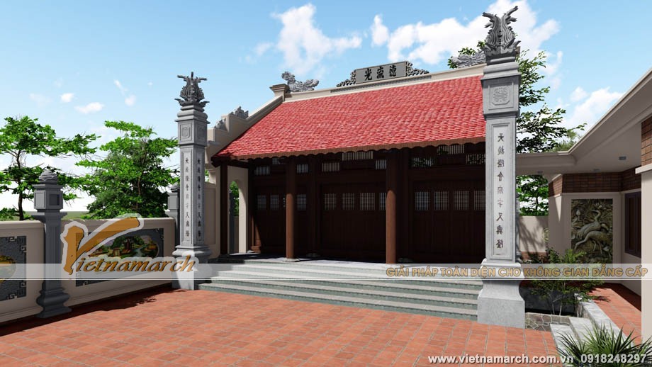 Thiết kế nhà thờ họ 3 gian kết hợp nhà ngang để ở rộng 170m2 tại Hạ Long Quảng Ninh > Hình ảnh nhà từ đường kèm nhà ngang 3 phòng ngủ 1 phòng khách với tổng diện tích 170m2