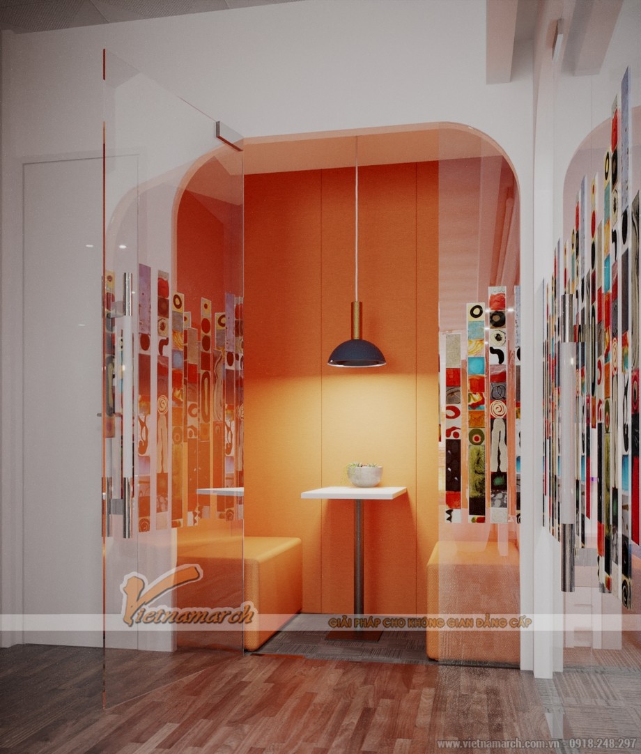 Thiết kế mẫu nhà văn phòng 1 tầng theo phong cách nhiệt đới Tropical tại Kim Mã > Bản vẽ 3D đầy sắc màu trong thiết kế nhà văn phòng tầng 1 trên đường Kim Mã chuyên về du lịch