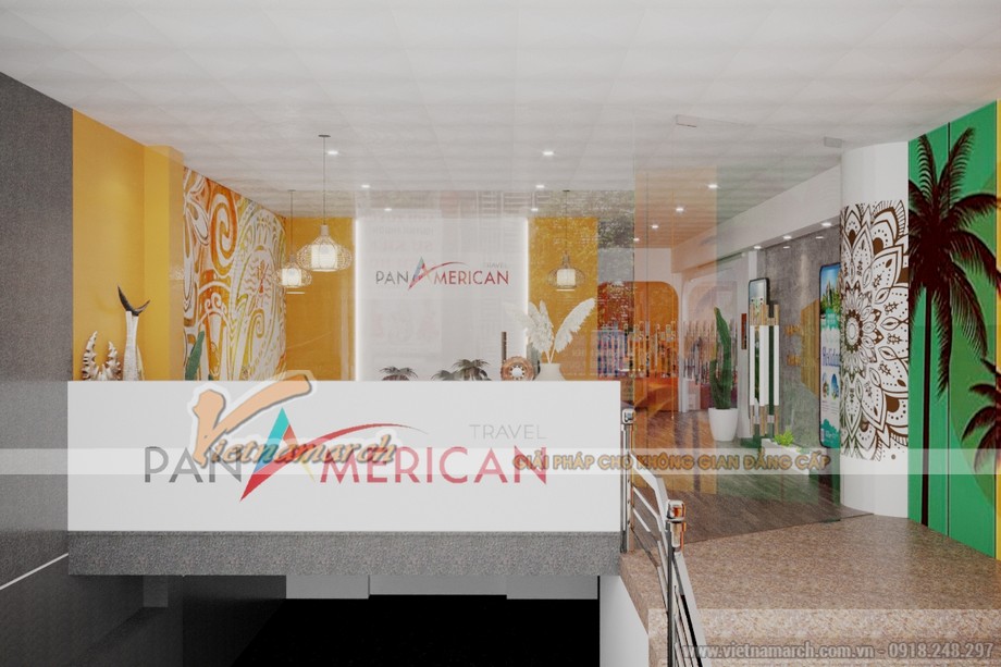 Thiết kế mẫu nhà văn phòng 1 tầng theo phong cách nhiệt đới Tropical tại Kim Mã > Bản vẽ 3D đầy sắc màu trong thiết kế nhà văn phòng tầng 1 trên đường Kim Mã chuyên về du lịch