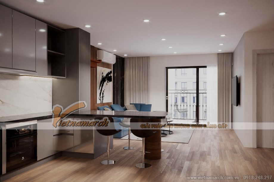 PA2 Phương án thiết kế nội thất chung cư hiện đại 91m2 ở số 28 Trần Bình > Thiết kế không gian phòng khách + bếp chung cư Dolphin Plaza 91m2