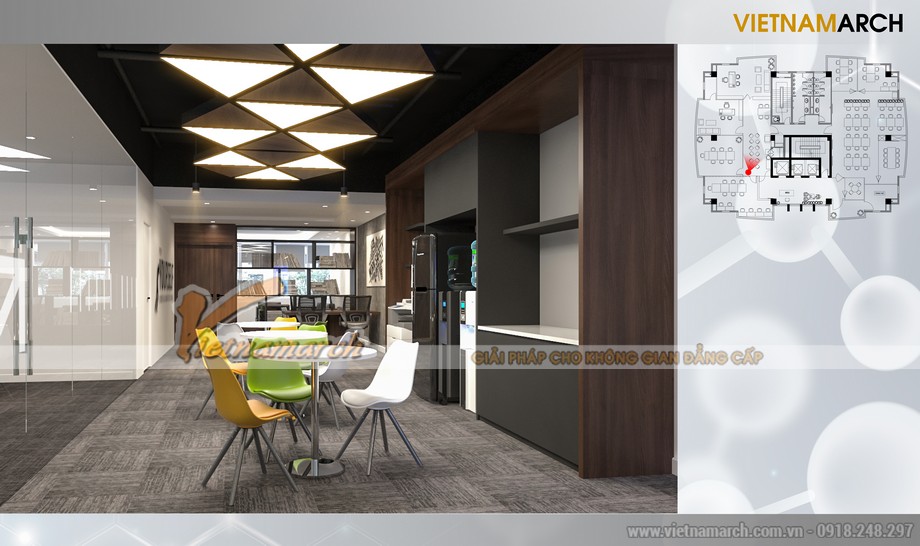 Thiết kế nội thất khu vực pantry văn phòng 460m2 công ty NIC ở Tôn Thất Thuyết - Hà Nội