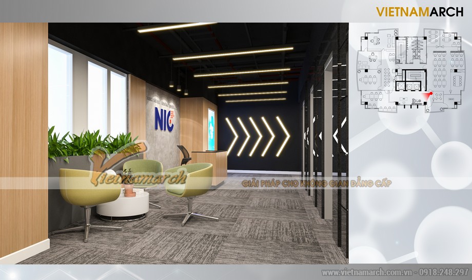 Phương án thiết kế nội thất văn phòng 460m2 công ty NIC ở Tôn Thất Thuyết – Hà Nội > Thiết kế nội thất khu vực lễ tân văn phòng 460m2 công ty NIC ở Tôn Thất Thuyết - Hà Nội