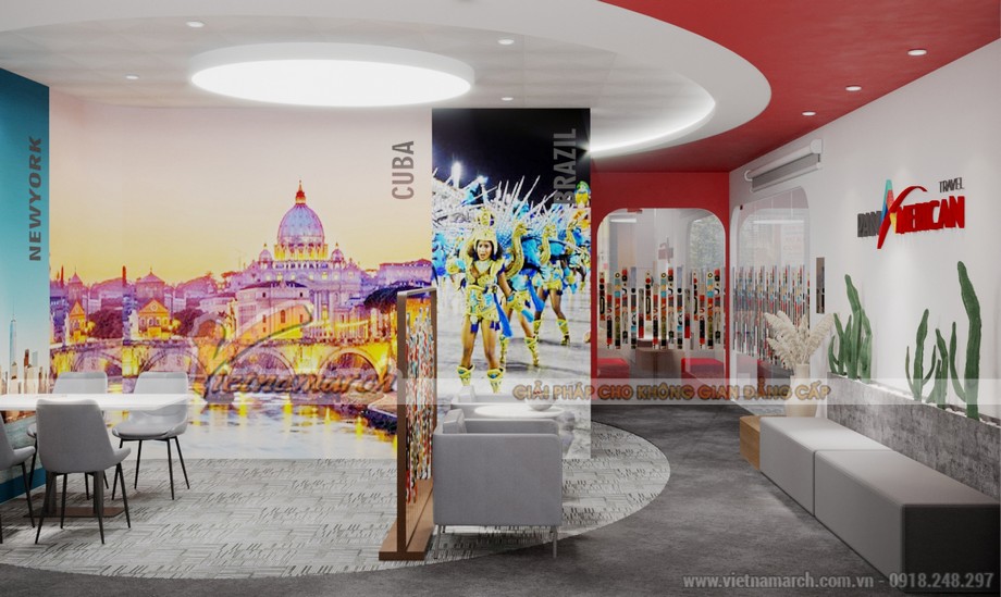 Thiết kế khu vực tiếp khách của văn phòng 91m2 công ty du lịch Pan America ở 15 Vạn Phúc