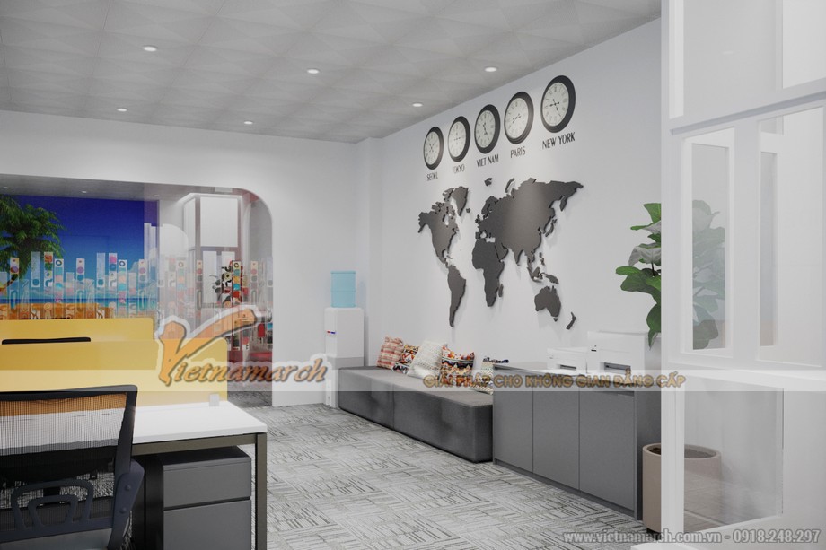 PA2 Phương án thiết kế nội thất văn phòng 91m2 công ty du lịch Pan America ở 15 Vạn Phúc > Thiết kế khu vực làm việc của văn phòng 91m2 công ty du lịch Pan America ở 15 Vạn Phúc