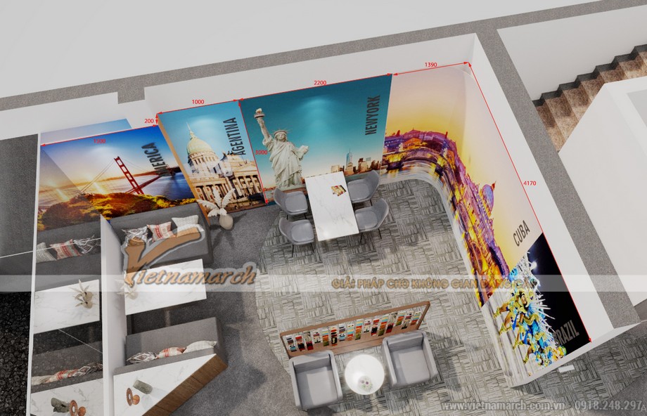 48+ mẫu thiết kế văn phòng lớn nhỏ- Coworking space đẹp hiện đại-Chất nhất 2023 > Thiết kế nội thất văn phòng 91m2 công ty du lịch Pan America ở 15 Vạn Phúc