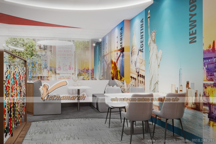 48+ mẫu thiết kế văn phòng lớn nhỏ- Coworking space đẹp hiện đại-Chất nhất 2023 > Thiết kế khu vực tiếp khách của văn phòng 91m2 công ty du lịch Pan America ở 15 Vạn Phúc