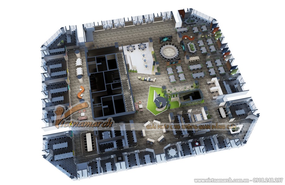 Phối cảnh 3D mặt bằng dự án thiết kế nội thất văn phòng Cenxspace-BMG 2548m2 ở Long Biên 