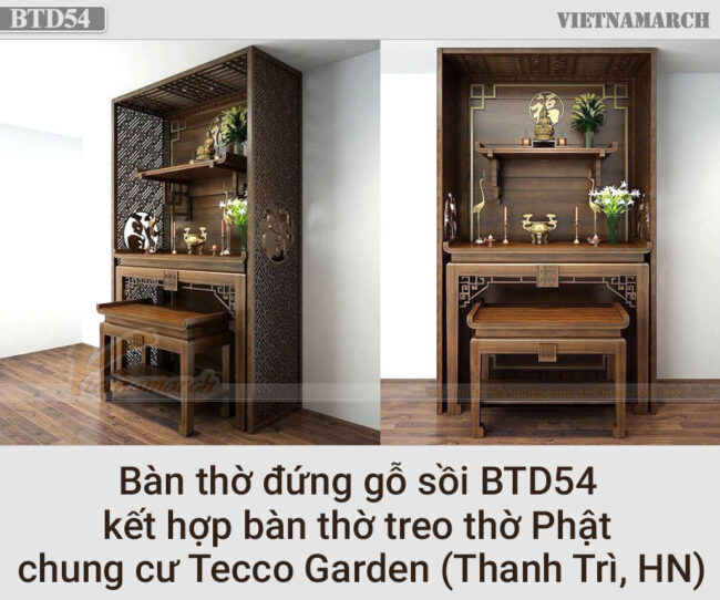 bàn thờ đứng BTD54 kết hợp bàn thờ treo thờ Phật chung cư Tecco Garden, Thanh Trì, HN
