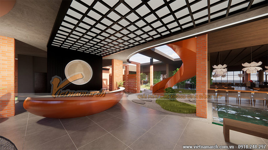 PA2 – Thiết kế không gian tầng 1 tòa văn phòng Cen Land Hà Tĩnh > Bản vẽ 3D không gian tầng 1 với hình ảnh hoa sen đặc trưng