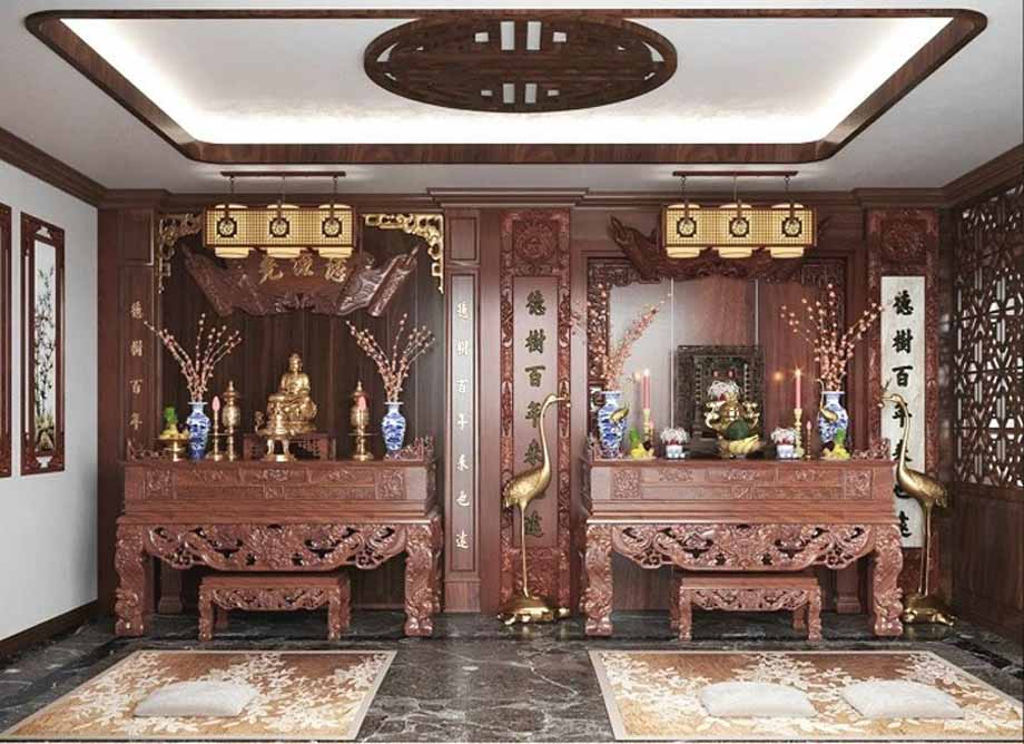 Thiết kế không gian thờ gia tiên kèm đèn thả khung gỗ trong lòng biệt thự tại Nghệ an