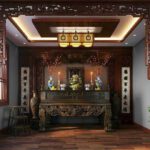 Thiết kế không gian thờ gia tiên kèm đèn thả khung gỗ trong lòng biệt thự tại Nghệ an